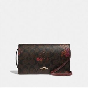 New Coach F30256 Foldover Clutch Crossbody In Pebble Leather Brown Floral